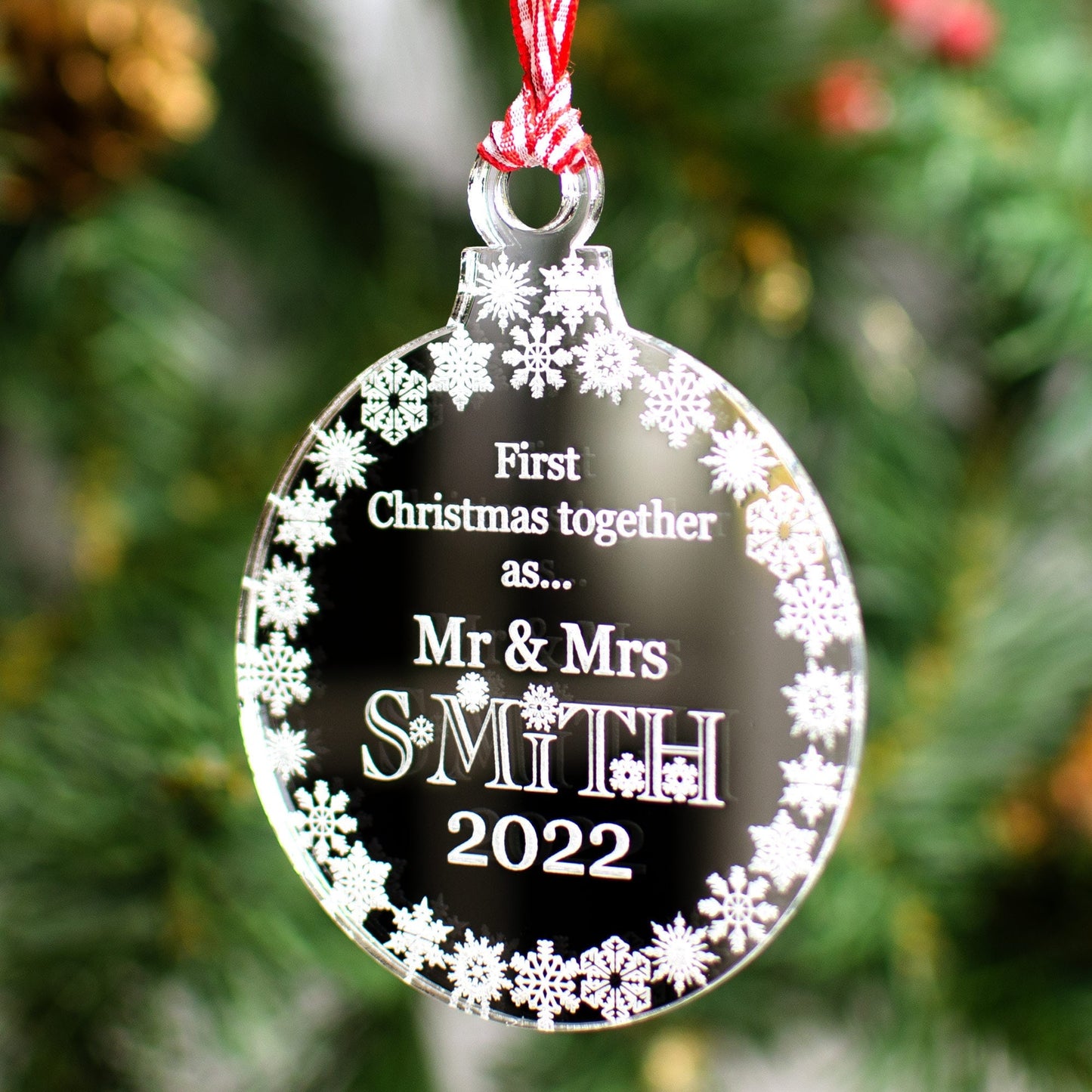 Personalised Mr & Mrs Christmas Decoration. Mirrored.