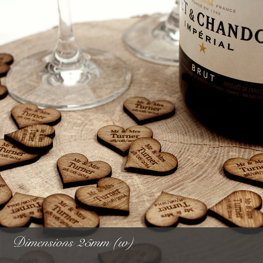 Personalised 25mm Wooden Love Heart Table Decorations.