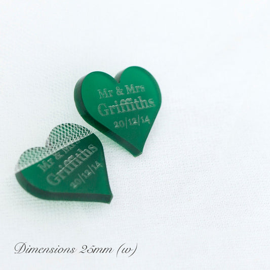 Personalised 25mm Green Frosted Acrylic Hearts.