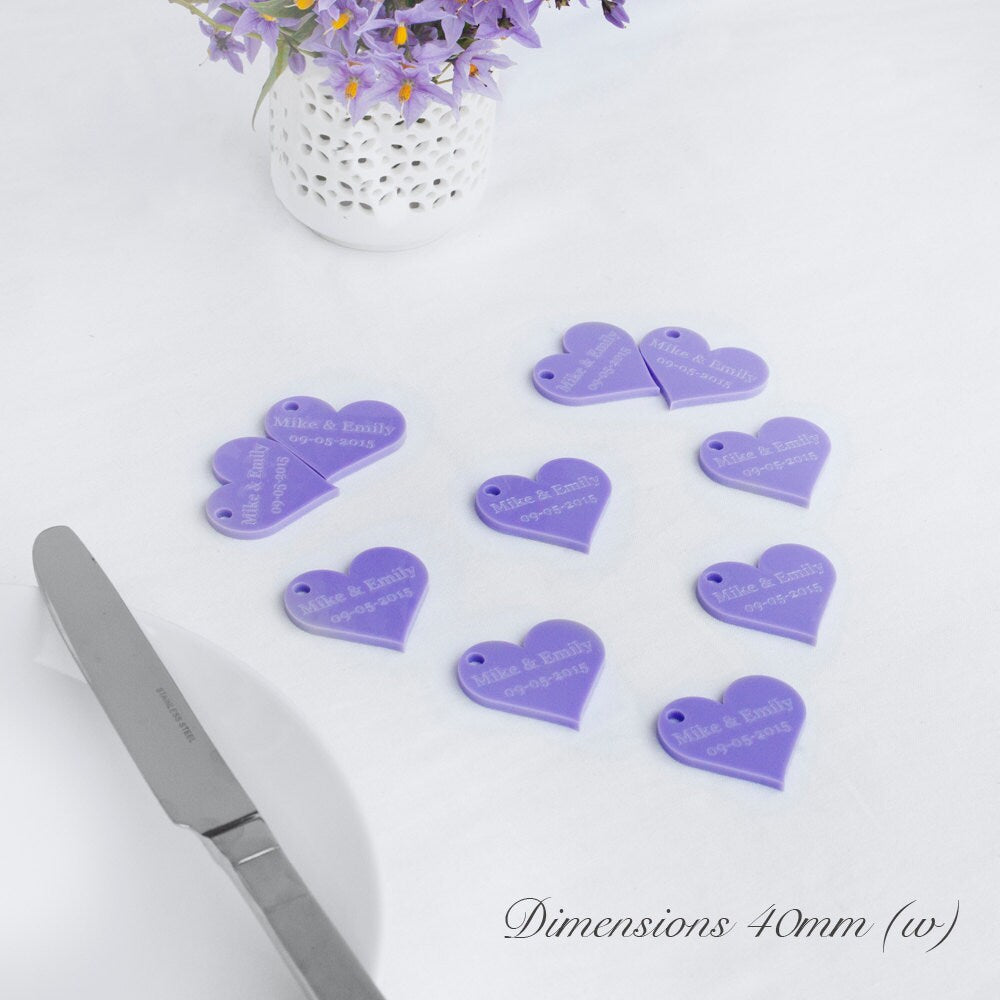 Personalised 4cm Lilac Acrylic Hearts.